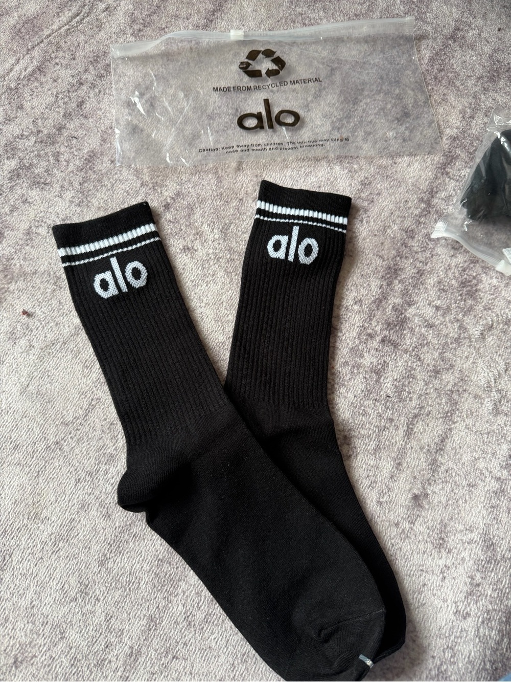 ALO Yoga Black Athletic Crew Socks with White Logo Stripes